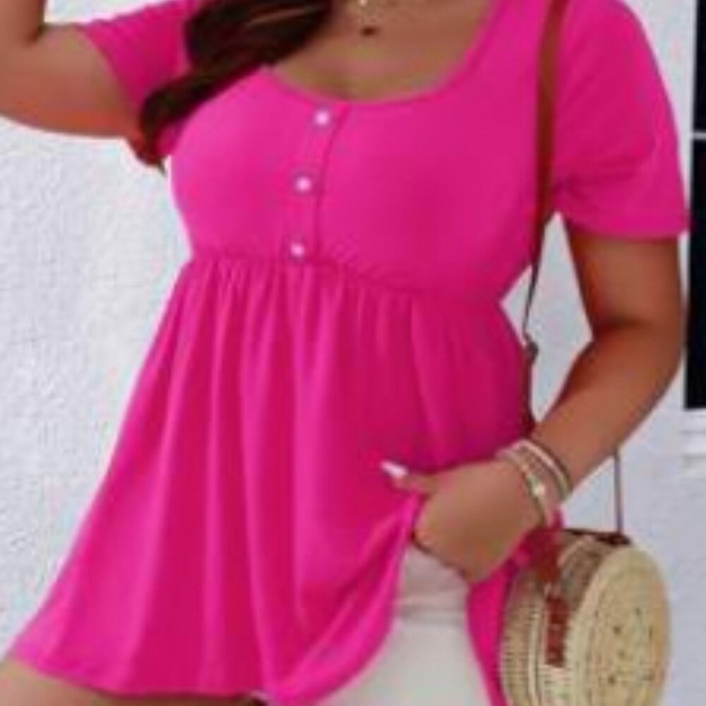 NEW LADIES SIZE 2XL BRIGHT PINK EMPIRE WAIST SHORT SLEEVE HI LOW HEM SHIRT